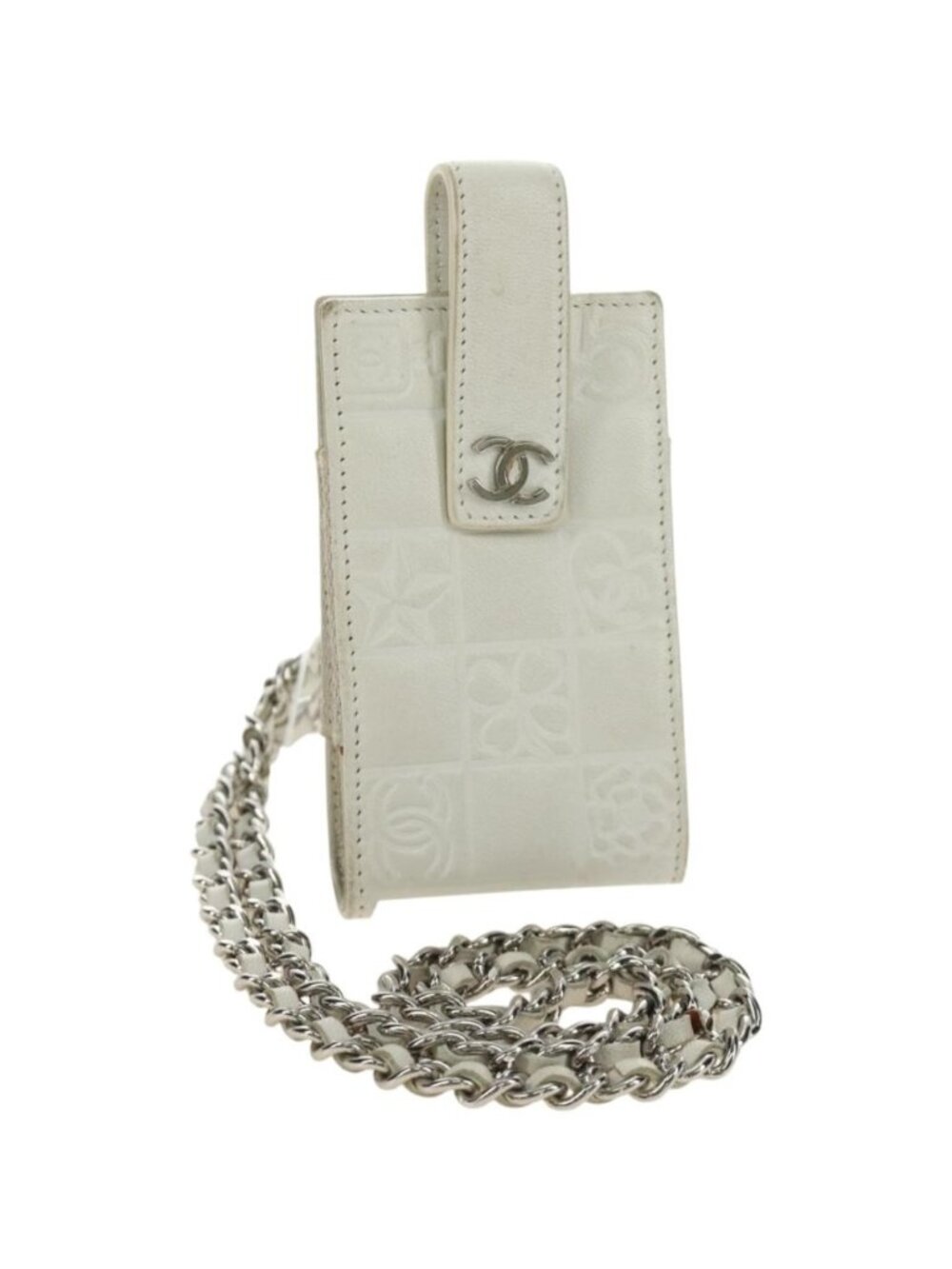 CHANEL icon Chain Shoulder Pouch Lamb Skin White Silver CC